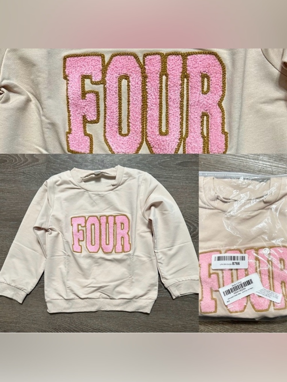 Beige Pink needle appliqué FOUR' Kids Girls pullover Sweatshirt Size 120 US 5/6